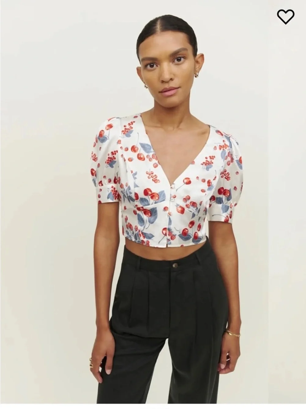 Reformation White Cherry-Print Puff Sleeve Blouse